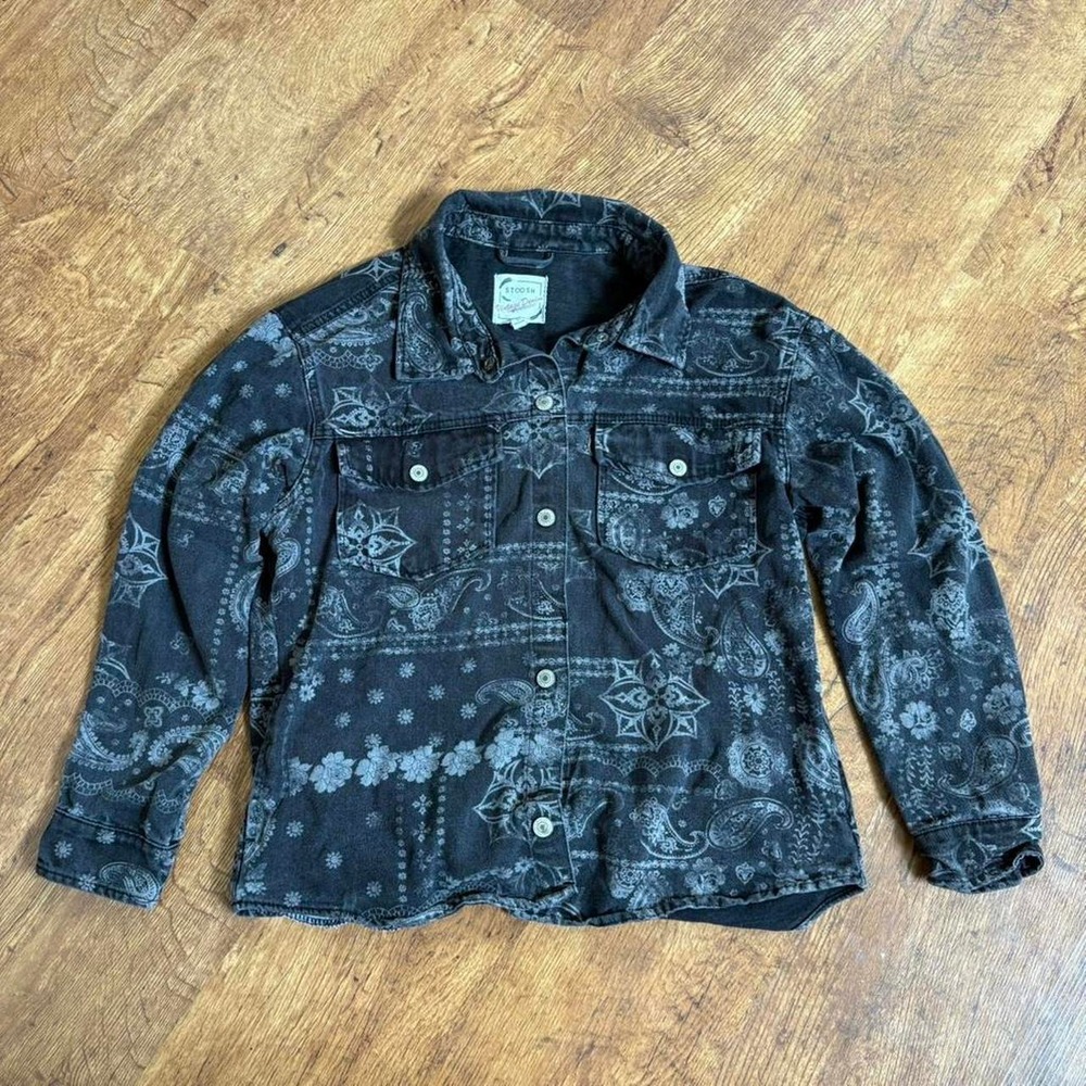 Stoosh Faded Black Grey Paisley Snap Button Denim Jacket Women Large JKJR2764